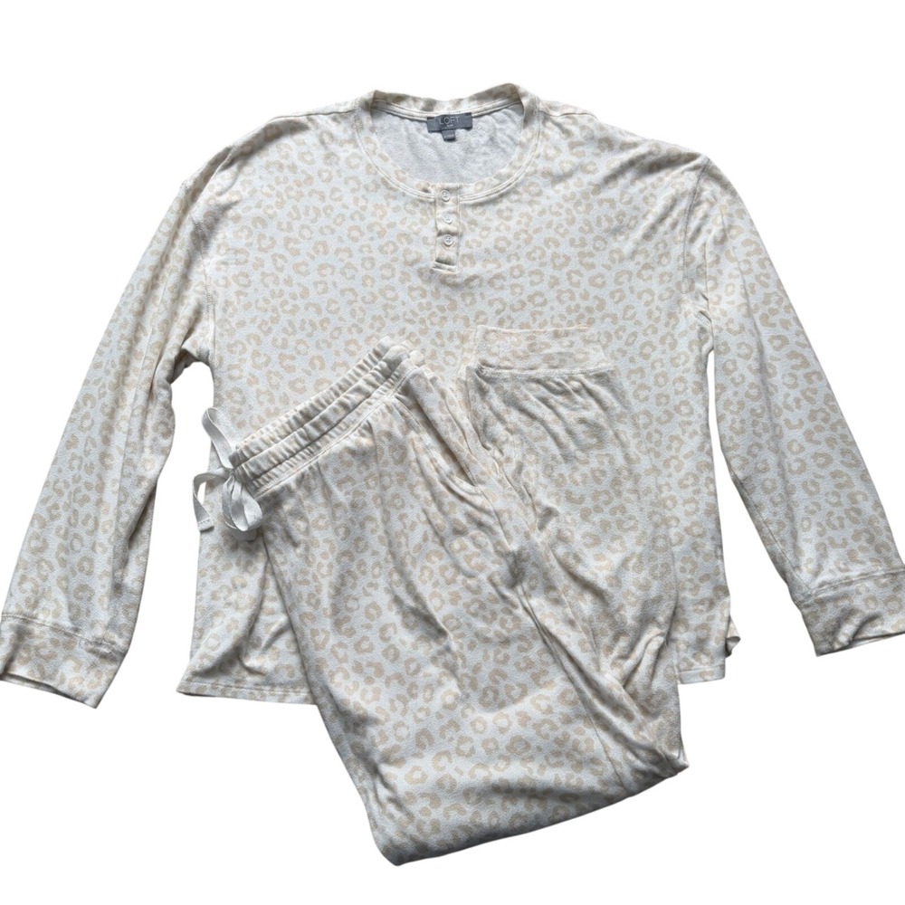 LOFT Sleep Leopard Print Henley Pajama Set Womens Size L Long Sleeve Top Pants